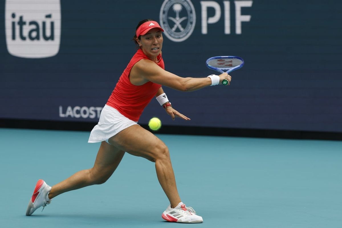 Mar 29, 2025; Miami, FL, USA; Jessica Pegula (USA) hits a backhand against Aryna Sabalenka (not pictured) in the women's singles championship of the Miami Open at Hard Rock Stadium. Mandatory Credit: Geoff Burke-Imagn Images