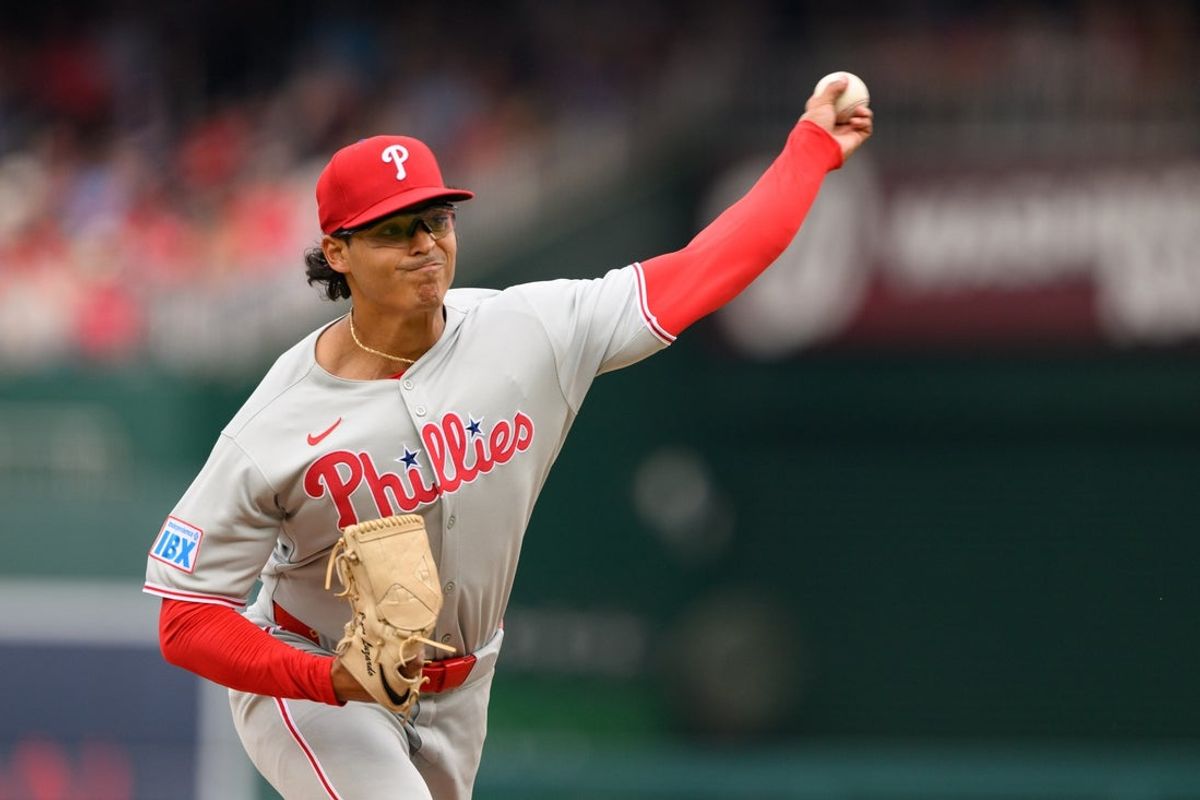 Mar 29, 2025; Washington, District of Columbia, USA; Philadelphia Phillies pitcher Jesus Luzardo (44) throws a pitch during the first inning against the Washington Nationals at Nationals Park. Mandatory Credit: Reggie Hildred-Imagn Images