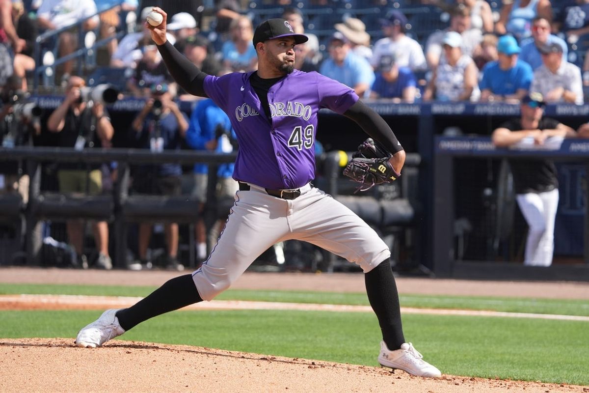 Mar 29, 2025; Tampa, Florida, USA; Colorado Rockies starting pitcher Antonio Senzatela (49) throws a pitch against the Tampa Bay Rays during the second inning at George M. Steinbrenner Field. Mandatory Credit: Dave Nelson-Imagn Images