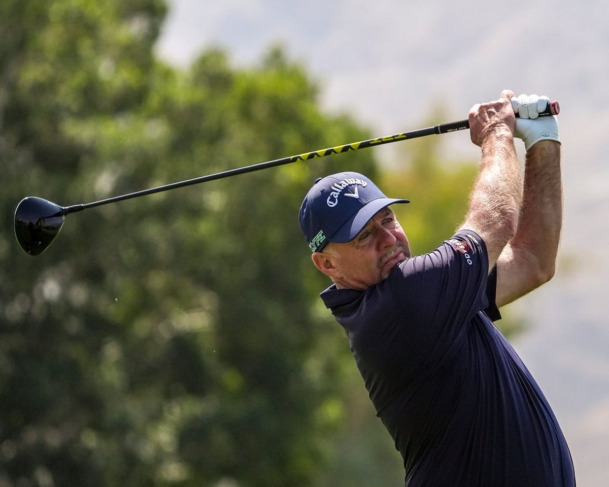 Alex Cejka tees off on 18 during the second round of The Galleri Classic at Mission Hills Country Club in Rancho Mirage, Calif., Saturday, March 29, 2025.