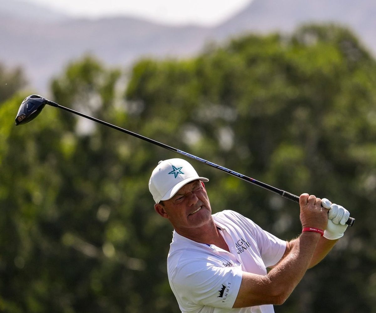 Alex Cejka tees off on 18 during the second round of The Galleri Classic at Mission Hills Country Club in Rancho Mirage, Calif., Saturday, March 29, 2025.