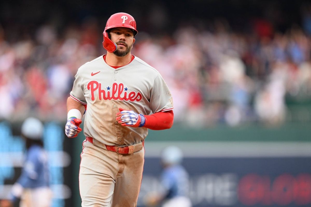 Mar 29, 2025; Washington, District of Columbia, USA; Philadelphia Phillies designated hitter Kyle Schwarber (12) runs the bases after hitting a three run home run during the sixth inning against the Washington Nationals at Nationals Park. Mandatory Credit: Reggie Hildred-Imagn Images
