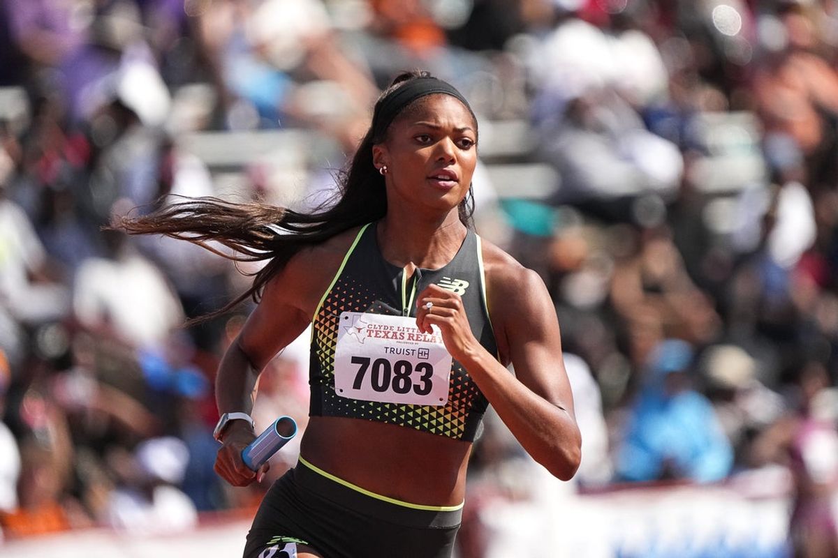 Team USA Red athlete Gabby Thomas (7083) competes in the 1600 meter relay invitational at the Clyde Littlefield Texas Relays at Mike A. Myers Stadium on Saturday, March 29, 2025.