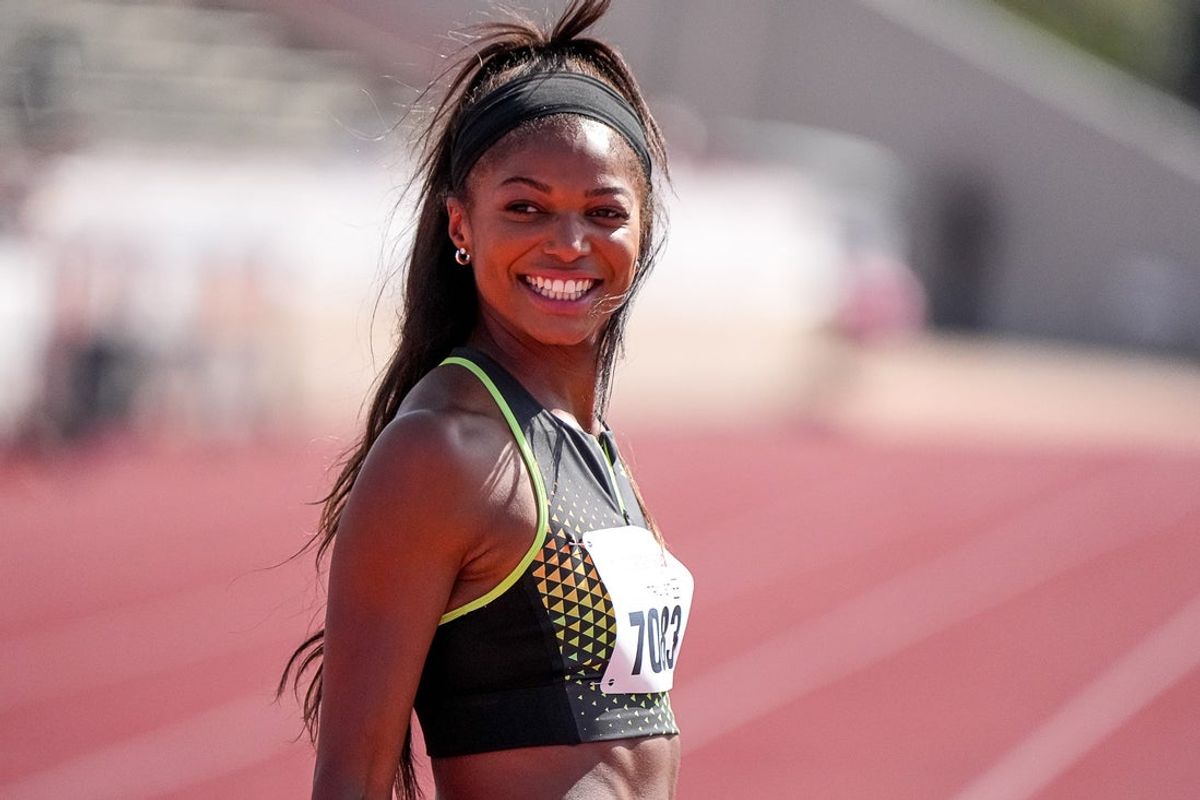 Team USA Red athlete Gabby Thomas (7083) walks the track ahead of the 1600 meter relay invitational at the Clyde Littlefield Texas Relays at Mike A. Myers Stadium on Saturday, March 29, 2025.