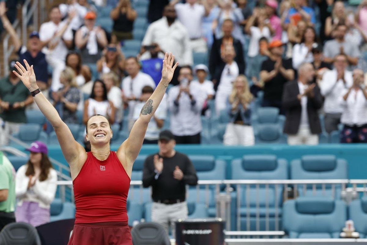 Mar 29, 2025; Miami, FL, USA; Aryna Sabalenka celebrates after her match against Jessica Pegula (USA)(not pictured) in the women's singles championship of the Miami Open at Hard Rock Stadium. Mandatory Credit: Geoff Burke-Imagn Images