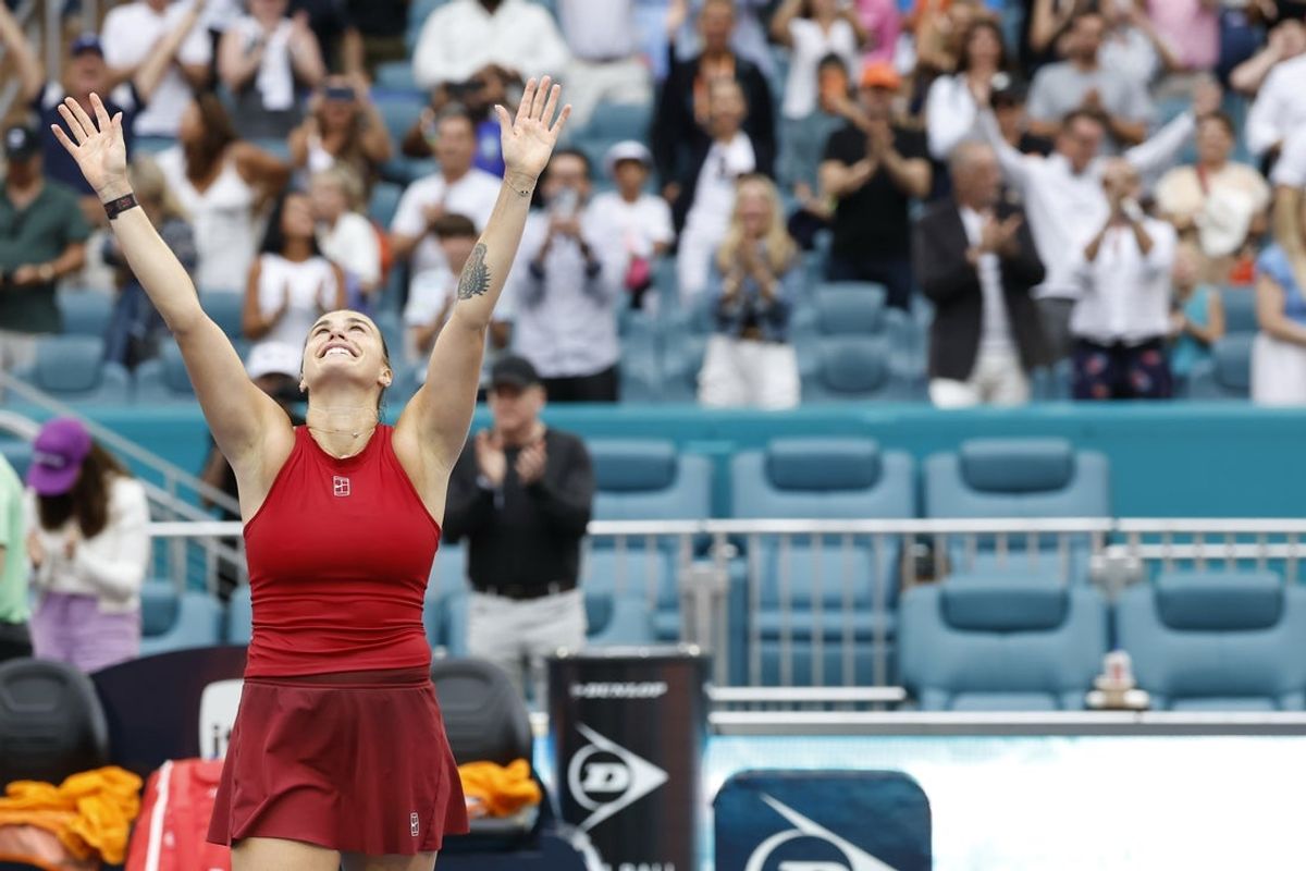 Mar 29, 2025; Miami, FL, USA; Aryna Sabalenka celebrates after her match against Jessica Pegula (USA)(not pictured) in the women's singles championship of the Miami Open at Hard Rock Stadium. Mandatory Credit: Geoff Burke-Imagn Images
