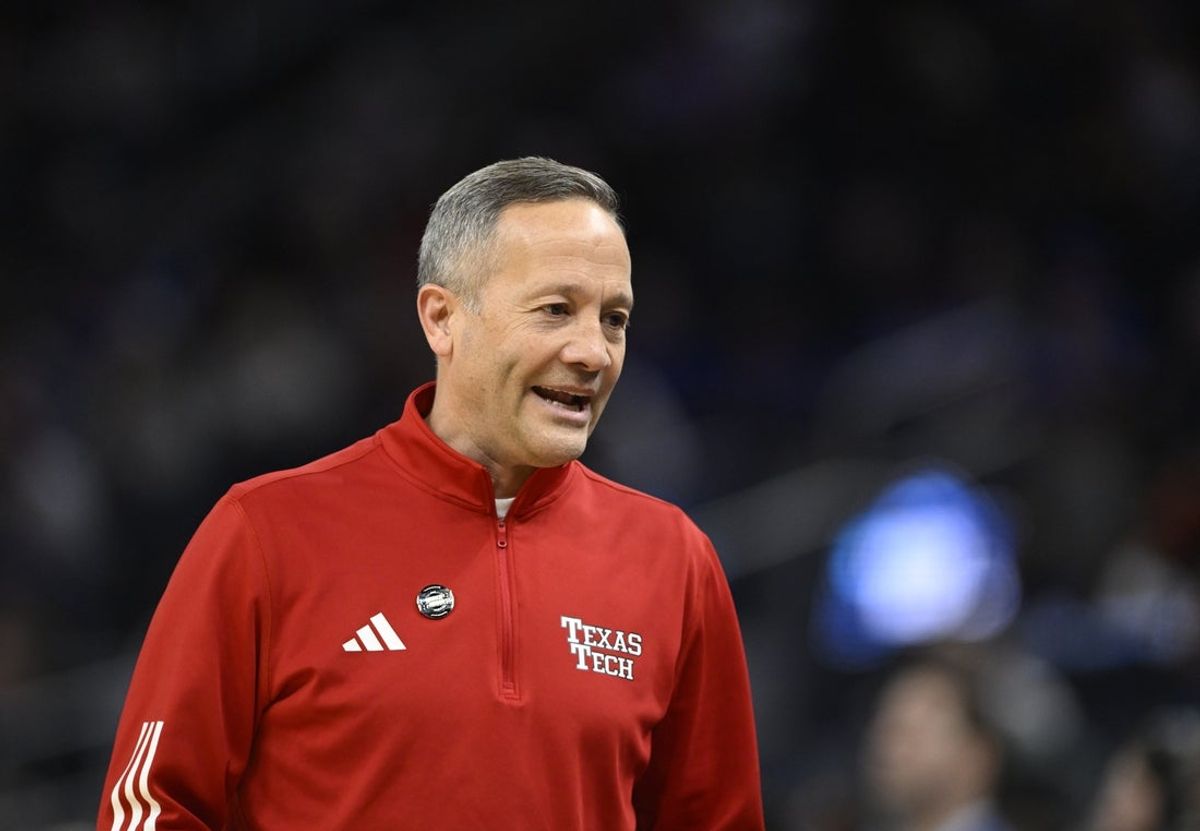 Mar 29, 2025; San Francisco, CA, USA; Texas Tech Red Raiders head coach Grant McCasland stands on the sidelines during the second half against the Florida Gators during the West Regional final of the 2025 NCAA tournament at Chase Center. Mandatory Credit: Eakin Howard-Imagn Images