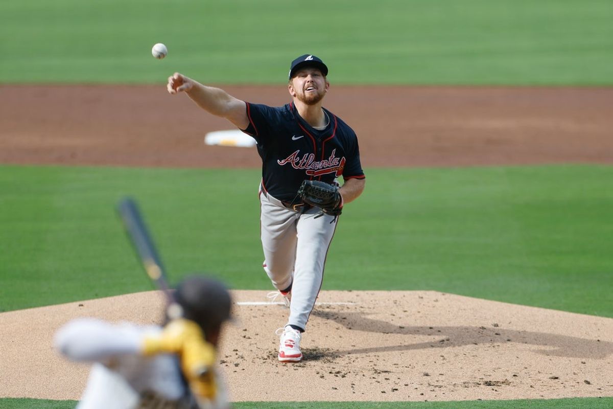 Mar 29, 2025; San Diego, California, USA; Atlanta Braves starting pitcher Spencer Schwellenbach (56) throws a pitch during the first inning against the San Diego Padres at Petco Park. Mandatory Credit: David Frerker-Imagn Images