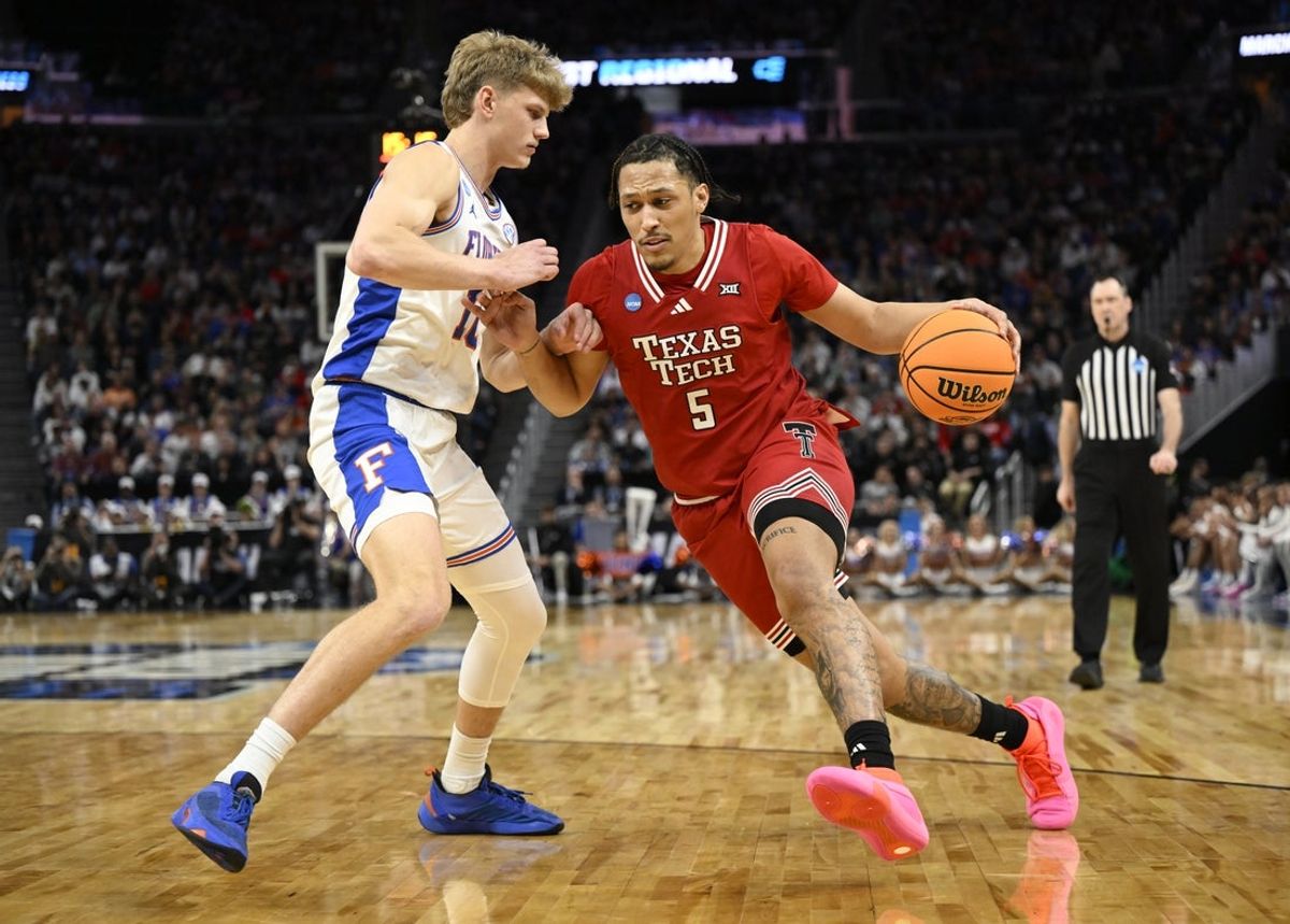 Mar 29, 2025; San Francisco, CA, USA; Texas Tech Red Raiders forward Darrion Williams (5) drives to the hoop past Florida Gators forward Thomas Haugh (10) during the second half during the West Regional final of the 2025 NCAA tournament at Chase Center. Mandatory Credit: Eakin Howard-Imagn Images