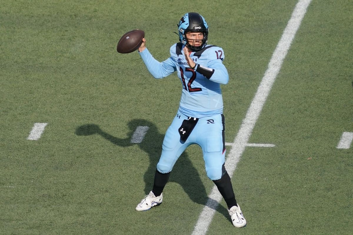 Mar 29, 2025; Arlington, TX, USA; Arlington Renegades quarterback Luis Perez (12) throws downfield during the second half against the San Antonio Brahmas at Choctaw Stadium. Mandatory Credit: Raymond Carlin III-Imagn Images
