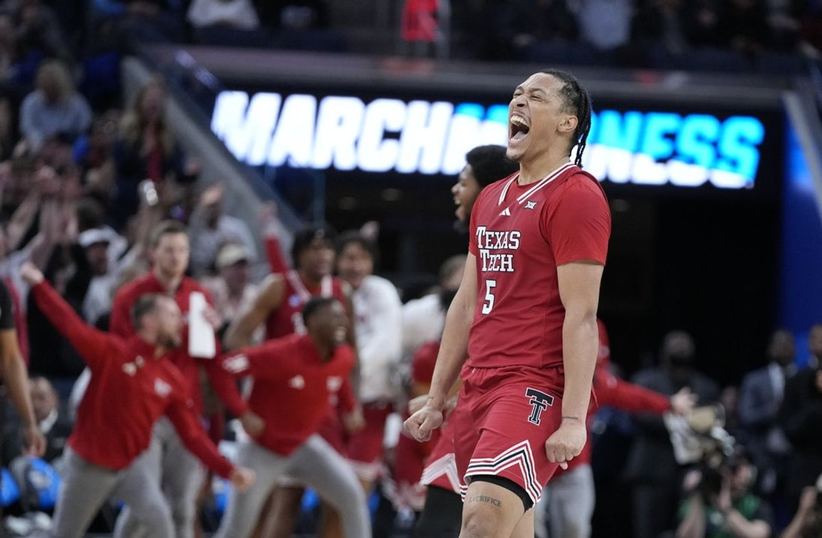 Mar 29, 2025; San Francisco, CA, USA; Texas Tech Red Raiders forward Darrion Williams (5) reacts during the second half against the Florida Gators during the West Regional final of the 2025 NCAA tournament at Chase Center. Mandatory Credit: Kyle Terada-Imagn Images
