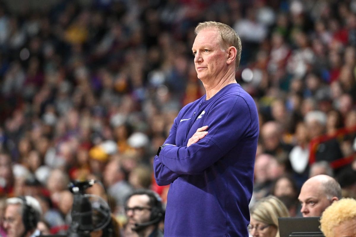 Mar 29, 2025; Spokane, WA, USA; Kansas State Wildcats head coach Jeff Mittie looks on against the USC Trojans during the first half of a Sweet 16 NCAA Tournament basketball game at Spokane Arena. at Spokane Arena. Mandatory Credit: James Snook-Imagn Images