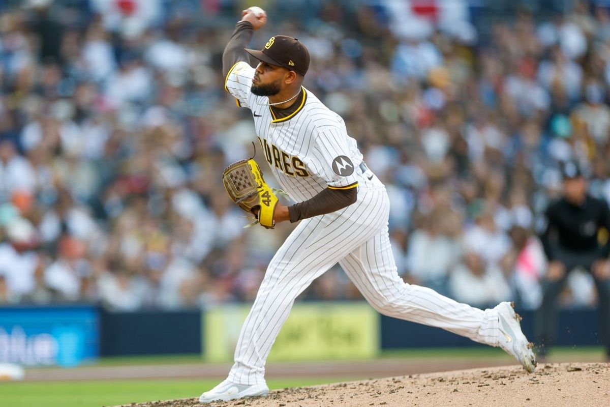 Mar 29, 2025; San Diego, California, USA;  San Diego Padres starting pitcher Randy Vasquez (98) throws a pitch during the third inning against the Atlanta Braves at Petco Park. Mandatory Credit: David Frerker-Imagn Images