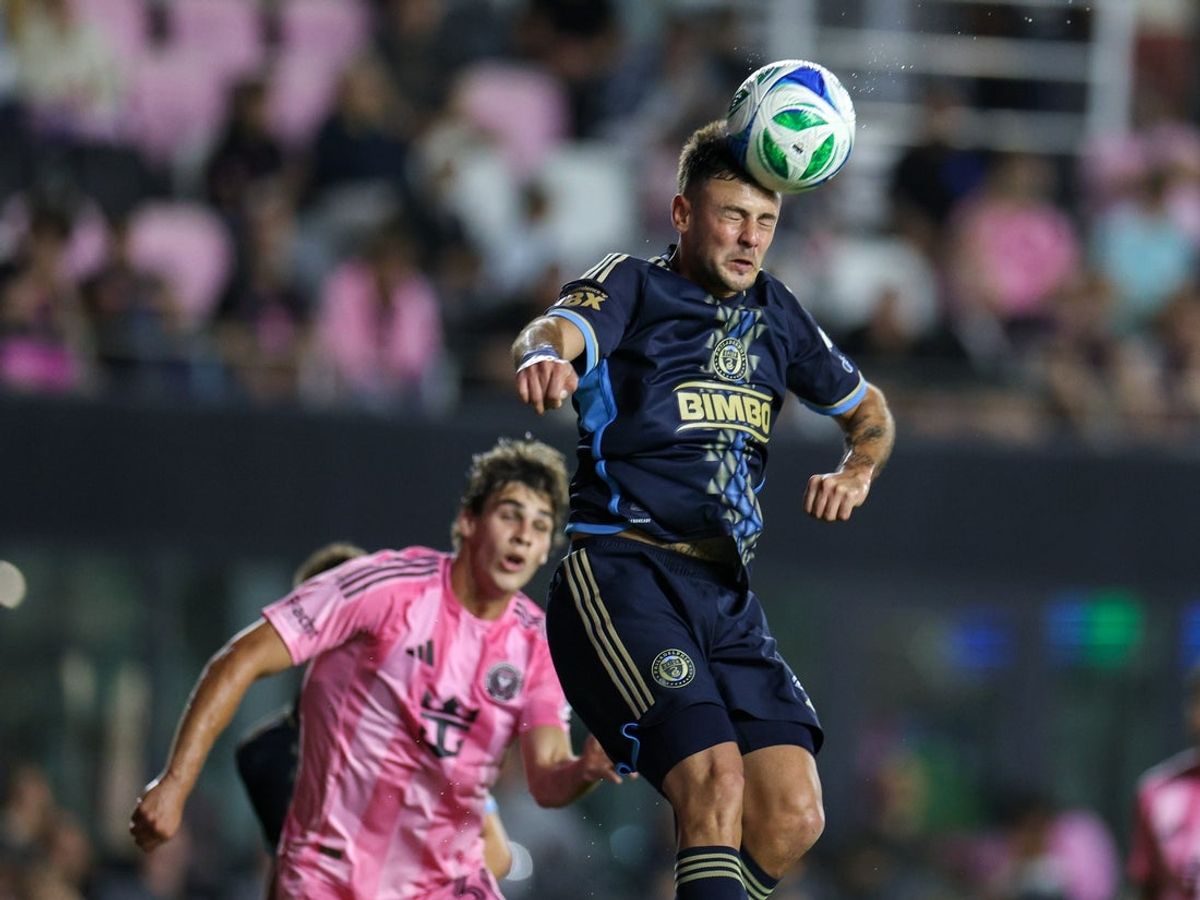 Mar 29, 2025; Fort Lauderdale, Florida, USA; Philadelphia Union defender Ian Glavinovich (2) heads the ball against Inter Miami CF in the first half at Chase Stadium. Mandatory Credit: Nathan Ray Seebeck-Imagn Images
