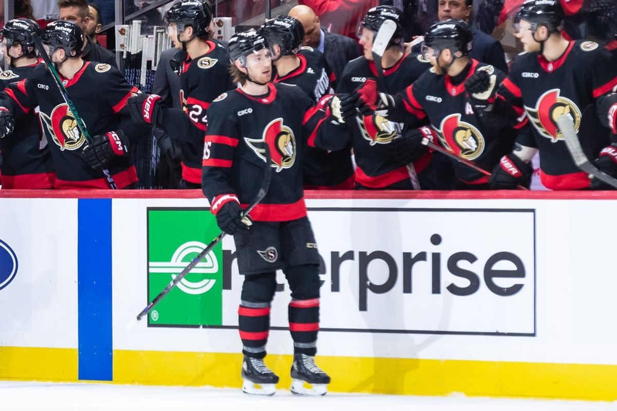 Mar 29, 2025; Ottawa, Ontario, CAN; Ottawa Senators defenseman Jake Sanderson (85) celebrates with team his goal scored in the second period against the Columbus Blue Jackets at the Canadian Tire Centre. Mandatory Credit: Marc DesRosiers-Imagn Images