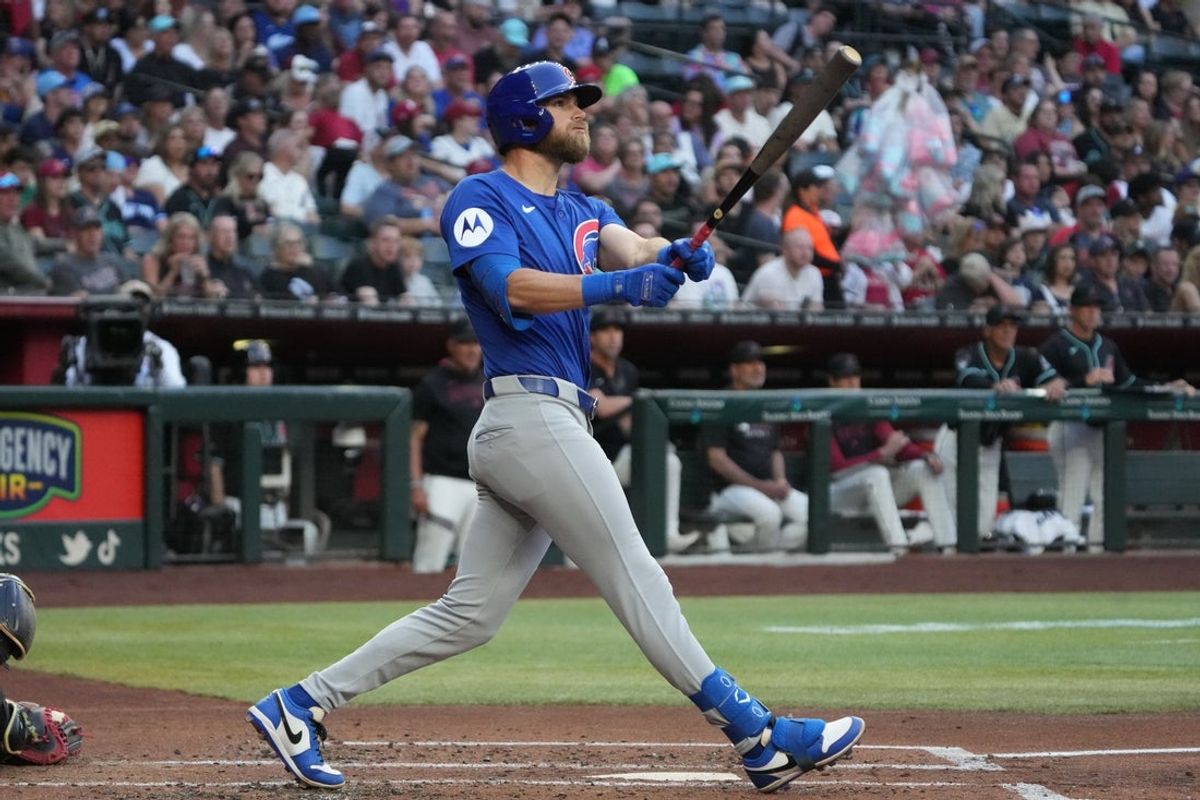 Mar 29, 2025; Phoenix, Arizona, USA; Chicago Cubs third base Gage Workman (25) hits against the Arizona Diamondbacks in the second inning at Chase Field. Mandatory Credit: Rick Scuteri-Imagn Images
