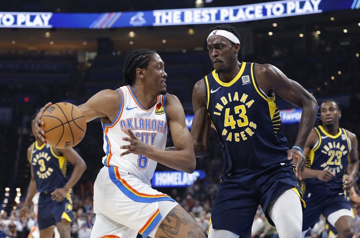 Mar 29, 2025; Oklahoma City, Oklahoma, USA; Oklahoma City Thunder forward Jalen Williams (8) drives to the basket against Indiana Pacers forward Pascal Siakam (43) during the second quarter at Paycom Center. Mandatory Credit: Alonzo Adams-Imagn Images