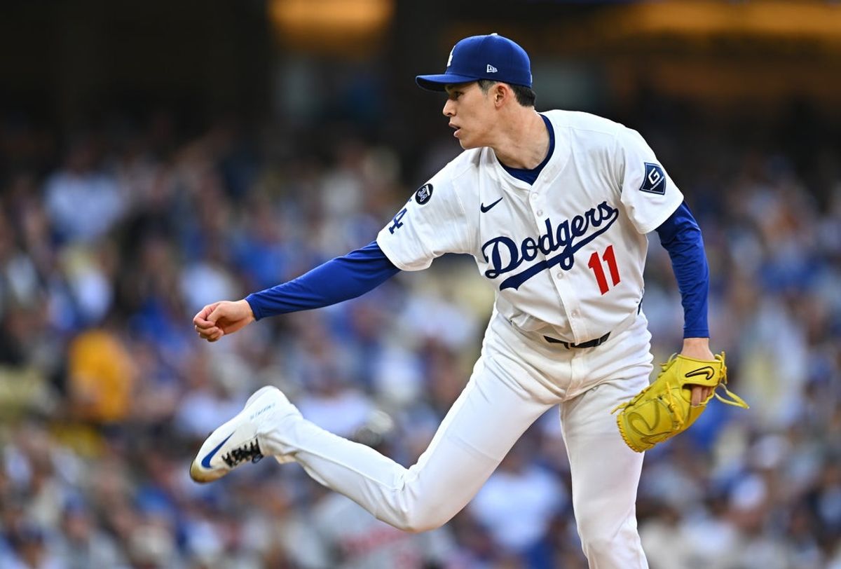 Mar 29, 2025; Los Angeles, California, USA; Los Angeles Dodgers pitcher Roki Sasaki (11) throws during the 1st inning against the Detroit Tigers at Dodger Stadium. Mandatory Credit: Jonathan Hui-Imagn Images
