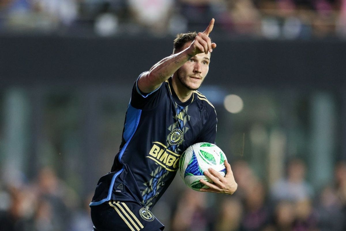 Mar 29, 2025; Fort Lauderdale, Florida, USA; Philadelphia Union midfielder Daniel Gazdag (10) celebrates after scoring a goal against Inter Miami CF in the second half  at Chase Stadium. Mandatory Credit: Nathan Ray Seebeck-Imagn Images