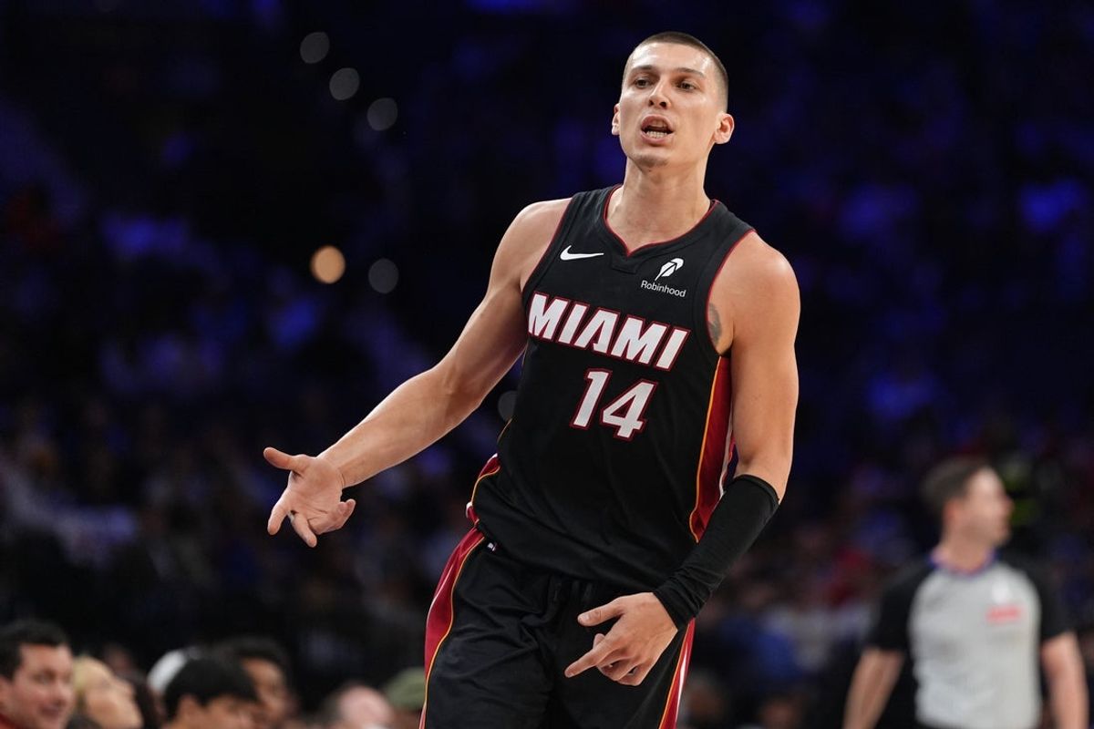 Mar 29, 2025; Philadelphia, Pennsylvania, USA; Miami Heat guard Tyler Herro (14) reacts after scoring against the Philadelphia 76ers in the fourth quarter at Wells Fargo Center. Mandatory Credit: Kyle Ross-Imagn Images