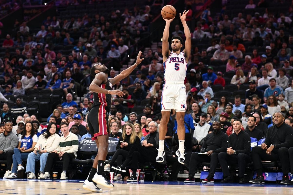Mar 29, 2025; Philadelphia, Pennsylvania, USA; Philadelphia 76ers guard Quentin Grimes (5) shoots the ball against the Miami Heat in the third quarter at Wells Fargo Center. Mandatory Credit: Kyle Ross-Imagn Images