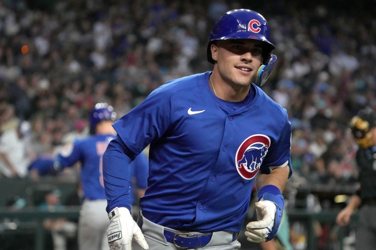 Mar 29, 2025; Phoenix, Arizona, USA; Chicago Cubs second base Matt Shaw (6) celebrates after hitting a two run home run against the Arizona Diamondbacks in the seventh inning at Chase Field. Mandatory Credit: Rick Scuteri-Imagn Images