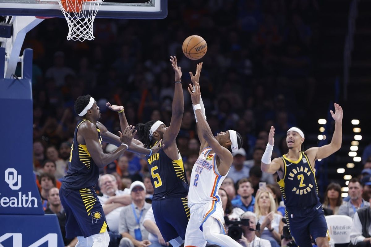 Mar 29, 2025; Oklahoma City, Oklahoma, USA; Oklahoma City Thunder guard Shai Gilgeous-Alexander (2) shoots as Indiana Pacers forward Jarace Walker (5) defends during the second half at Paycom Center. Mandatory Credit: Alonzo Adams-Imagn Images