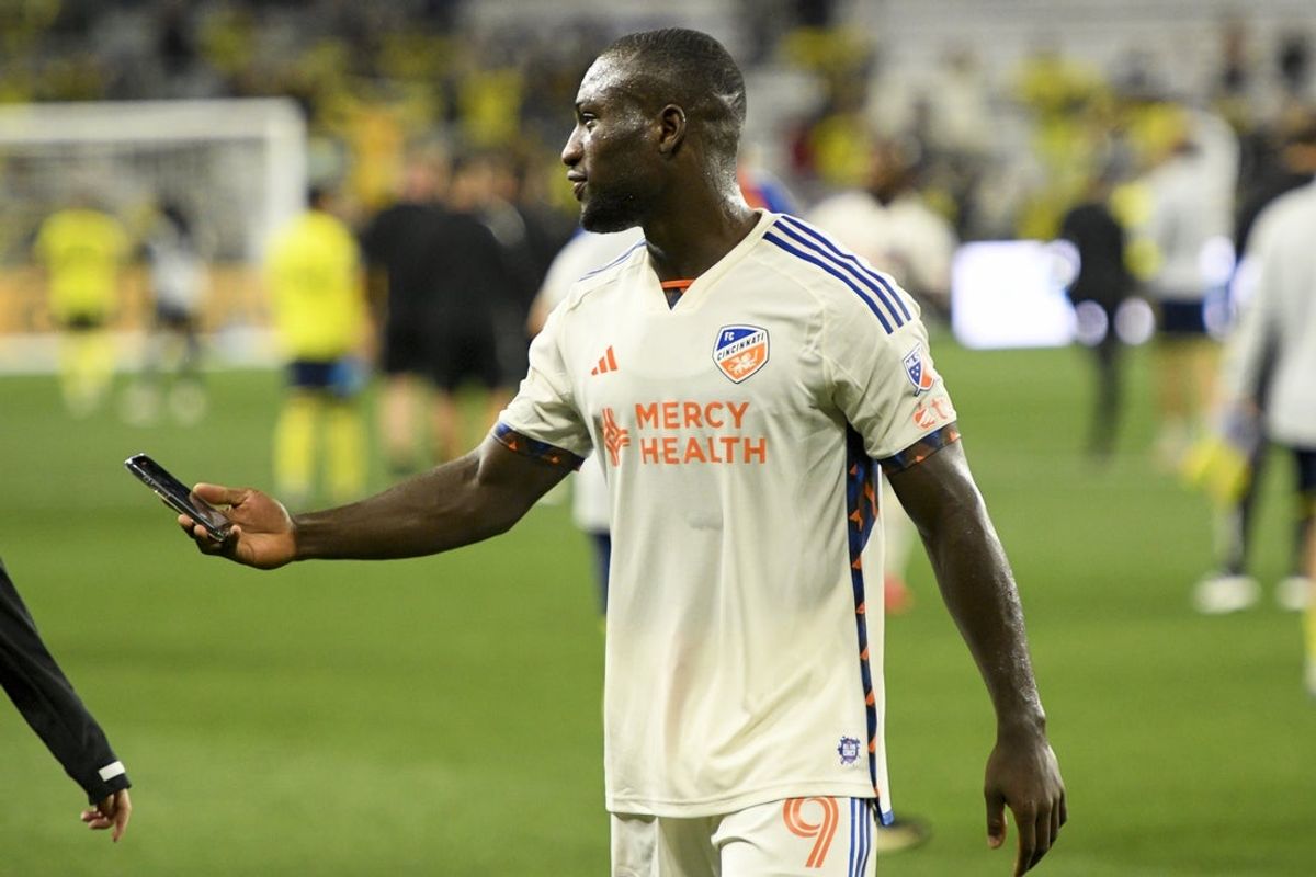 Mar 29, 2025; Nashville, Tennessee, USA;  FC Cincinnati forward Kévin Denkey (9) walks off the field after the win against the Nashville SC during the second half at Geodis Park. Mandatory Credit: Steve Roberts-Imagn Images