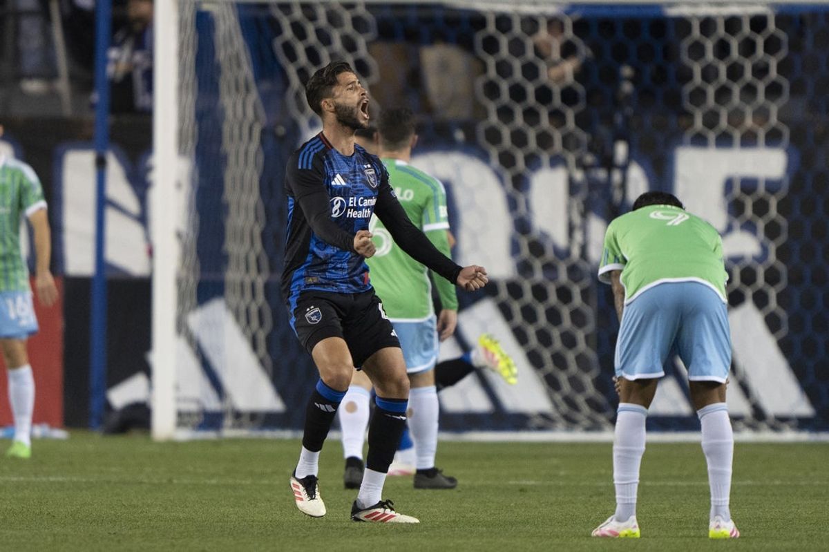 Mar 29, 2025; San Jose, California, USA;  San Jose Earthquakes defender Bruno Wilson (4) reacts after the team scored a goal during the first half against the Seattle Sounders at PayPal Park. Mandatory Credit: Stan Szeto-Imagn Images