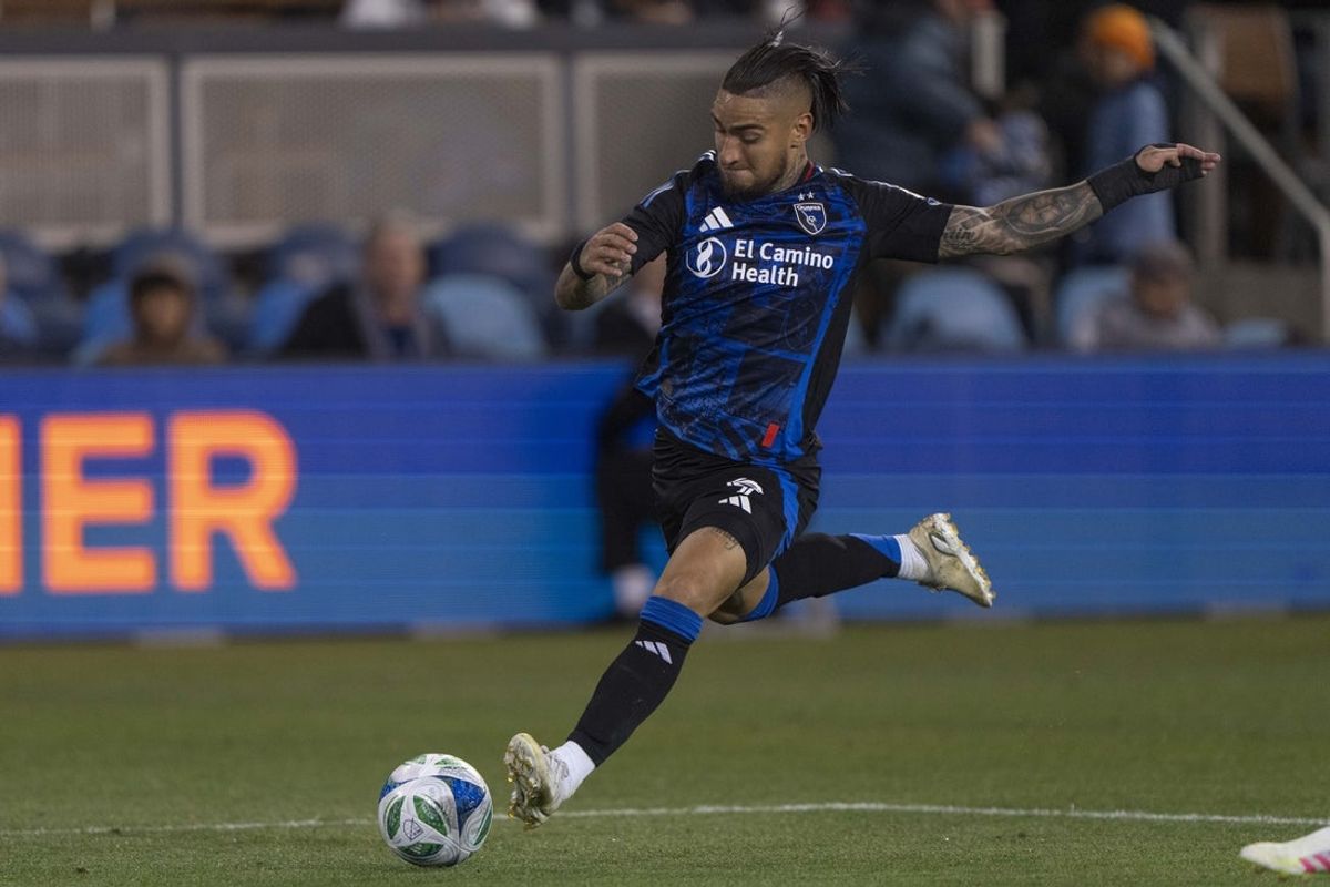 Mar 29, 2025; San Jose, California, USA;  San Jose Earthquakes forward Cristian Arango (9) kicks the ball during the second half against the Seattle Sounders at PayPal Park. Mandatory Credit: Stan Szeto-Imagn Images