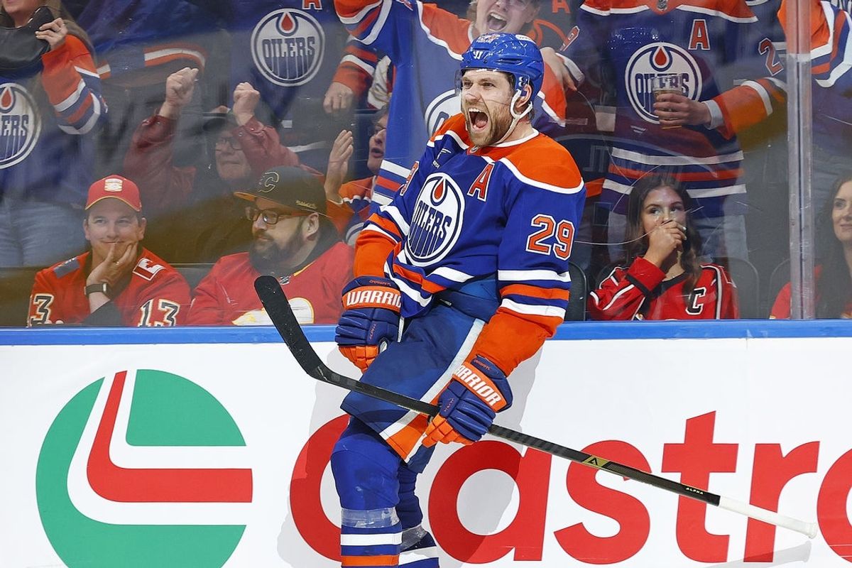 Mar 29, 2025; Edmonton, Alberta, CAN; Edmonton Oilers forward Leon Draisaitl (29) celebrates after scoring his 50th goal of the season during the third period against the Calgary Flames at Rogers Place. Mandatory Credit: Perry Nelson-Imagn Images