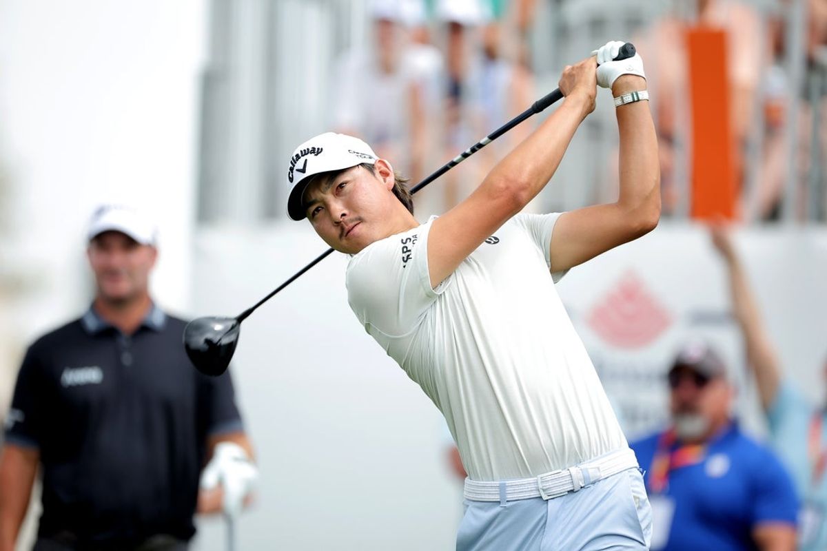 Mar 30, 2025; Houston, Texas, USA; Min Woo Lee of Australia hits a tee shot at the first hole during the final round of the Texas Children's Houston Open golf tournament. Mandatory Credit: Erik Williams-Imagn Images