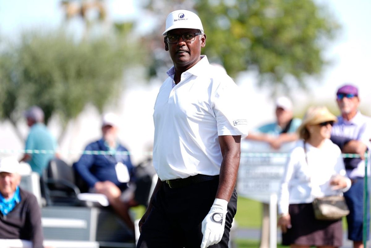 Vijay Singh tees off on 1 to start the final round of The Galleri Classic at Mission Hills Country Club in Rancho Mirage, Calif., Sunday, March 30, 2025.