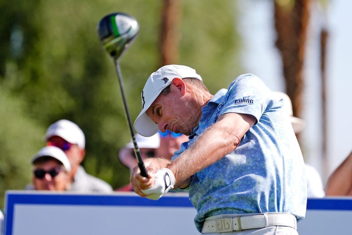 Steven Alker tees off on 1 to start the final round of The Galleri Classic at Mission Hills Country Club in Rancho Mirage, Calif., Sunday, March 30, 2025.