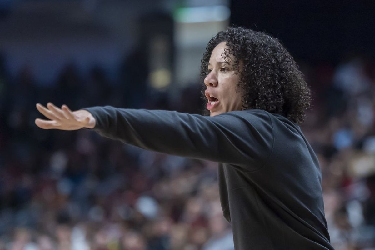 Mar 30, 2025; Birmingham, AL, USA; Duke Blue Devils head coach Kara Lawson works with her team during the first half of an Elite 8 NCAA Tournament basketball game against the South Carolina Gamecocks at Legacy Arena. Mandatory Credit: Vasha Hunt-Imagn Images