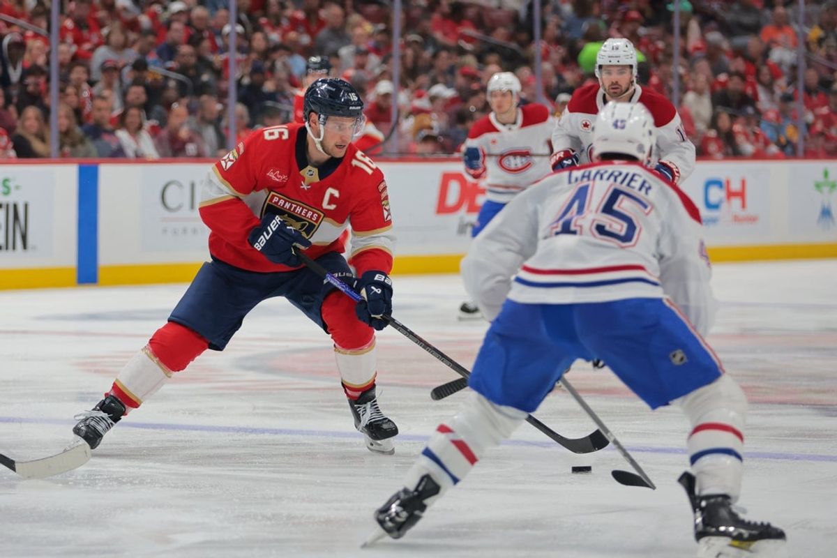 Mar 30, 2025; Sunrise, Florida, USA; Florida Panthers center Aleksander Barkov (16) moves the puck against the Montreal Canadiens during the second period at Amerant Bank Arena. Mandatory Credit: Sam Navarro-Imagn Images