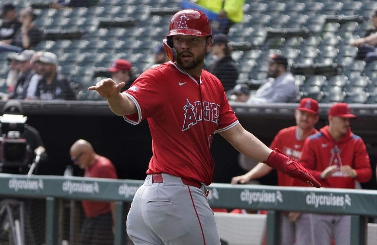 Mar 30, 2025; Chicago, Illinois, USA; Los Angeles Angels first base Nolan Schanuel (18) gestures after scoring against the Chicago White Sox during the first inning at Guaranteed Rate Field. Mandatory Credit: David Banks-Imagn Images