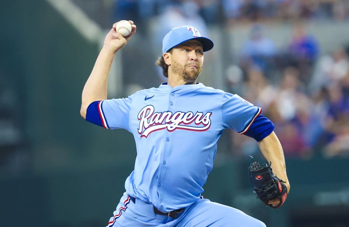 Mar 30, 2025; Arlington, Texas, USA; Texas Rangers starting pitcher Jacob deGrom (48) throws during the third inning against the Boston Red Sox at Globe Life Field. Mandatory Credit: Kevin Jairaj-Imagn Images