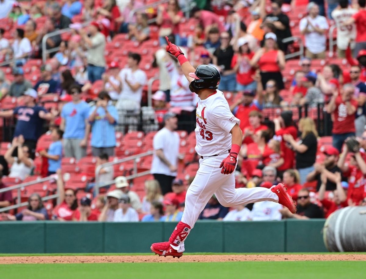 Mar 30, 2025; St. Louis, Missouri, USA; St. Louis Cardinals catcher Pedro Pages (43) celebrates his third inning home run against the Minnesota Twins at Busch Stadium. Mandatory Credit: Tim Vizer-Imagn Images