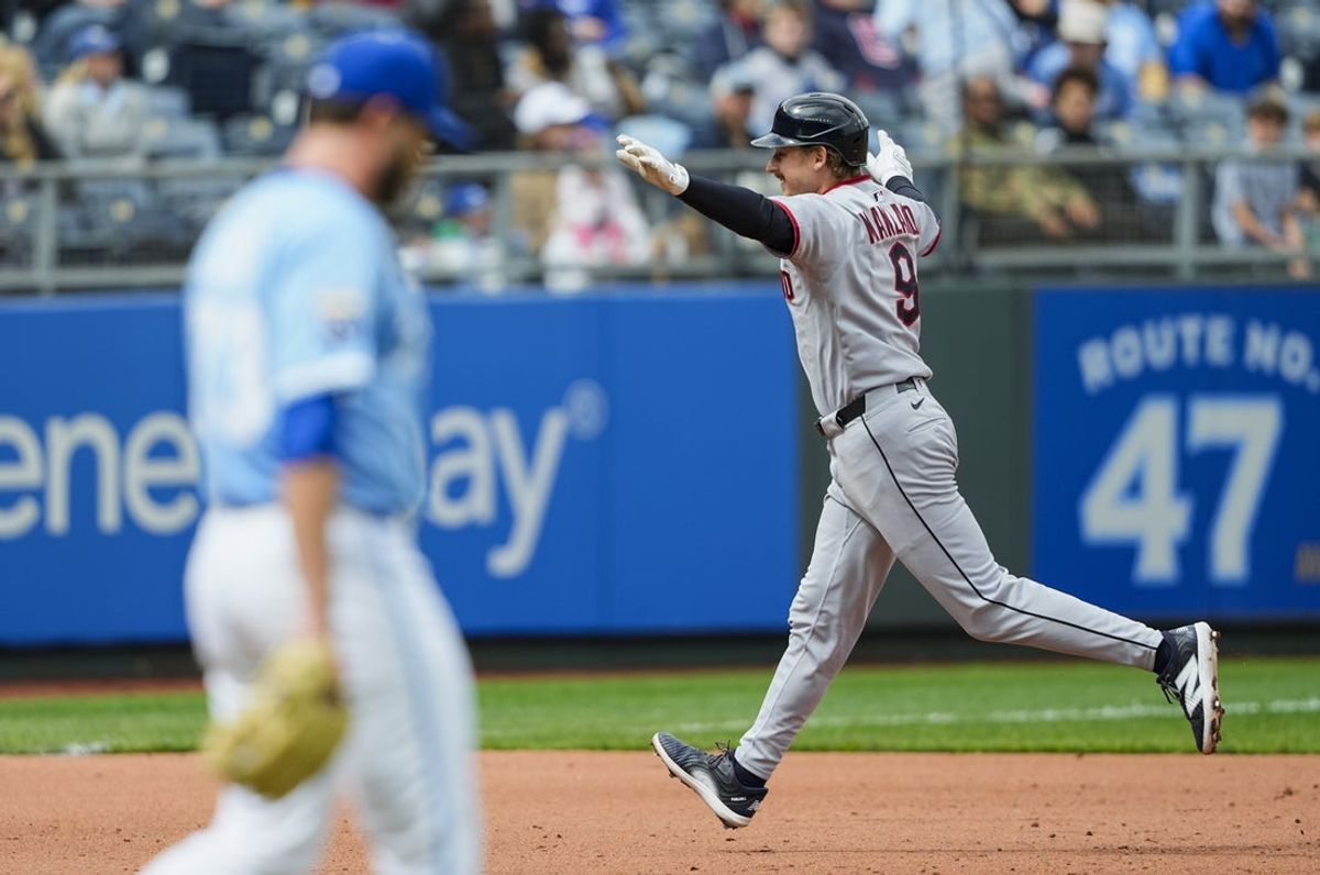 Mar 30, 2025; Kansas City, Missouri, USA; Cleveland Guardians designated hitter Kyle Manzardo (9) rounds the bases after hitting a home run during the fifth inning against the Kansas City Royals at Kauffman Stadium. Mandatory Credit: Jay Biggerstaff-Imagn Images