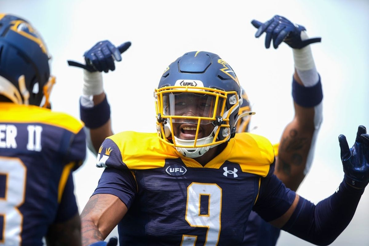 Showboats’ Jonathan Adams (9) celebrates after scoring a touchdown during the UFL game between the Memphis Showboats and Michigan Panthers at Simmons Bank Liberty Stadium in Memphis, Tenn., on Sunday, March 30, 2025.
