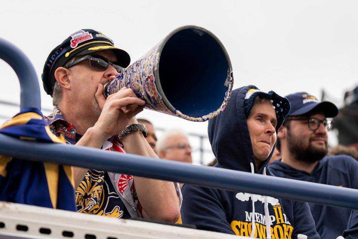 Showboats fans cheer on their team during the UFL game between the Memphis Showboats and Michigan Panthers at Simmons Bank Liberty Stadium in Memphis, Tenn., on Sunday, March 30, 2025.