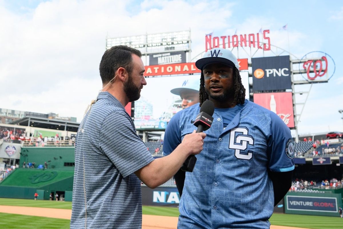 Mar 29, 2025; Washington, District of Columbia, USA; Washington Nationals designated hitter Josh Bell (19) is interviewed following the games against the Philadelphia Phillies at Nationals Park. Mandatory Credit: Reggie Hildred-Imagn Images