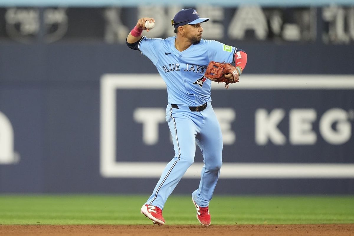 Mar 30, 2025; Toronto, Ontario, CAN; Toronto Blue Jays second baseman Andres Gimenez (0) throws to first to put out Baltimore Orioles third baseman Ramon Urias (not pictured) during the ninth inning at Rogers Centre. Mandatory Credit: John E. Sokolowski-Imagn Images