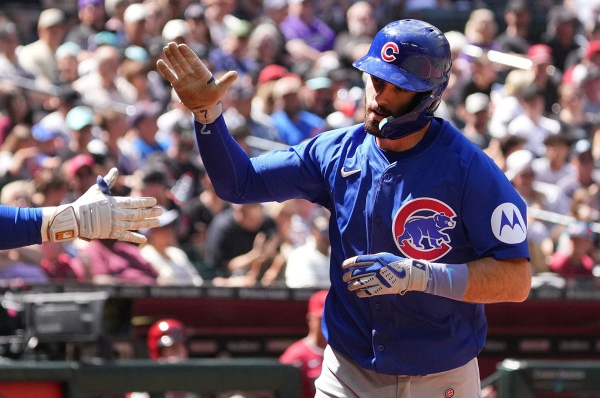 Mar 30, 2025; Phoenix, Ariz., U.S.; Chicago Cubs Dansby Swanson (7) celebrates his solo home run against the Arizona Diamondbacks at Chase Field.