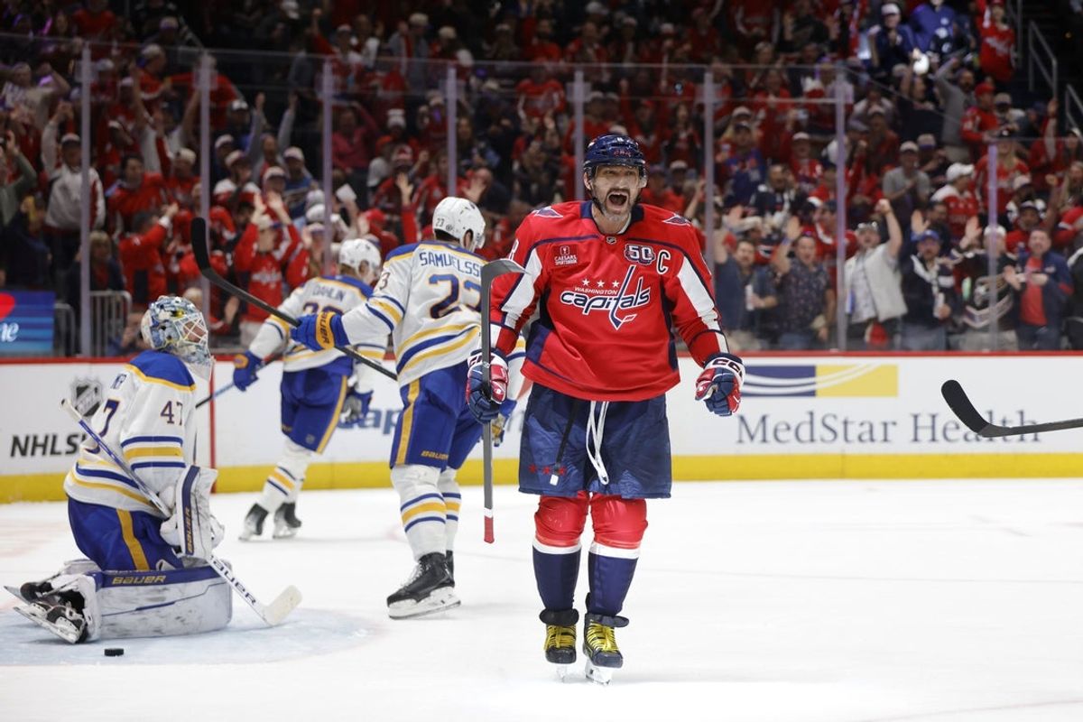 Mar 30, 2025; Washington, District of Columbia, USA; Washington Capitals left wing Alex Ovechkin (8) celebrates after scoring a goal past Buffalo Sabres goaltender James Reimer (47) during the third period at Capital One Arena. Mandatory Credit: Amber Searls-Imagn Images