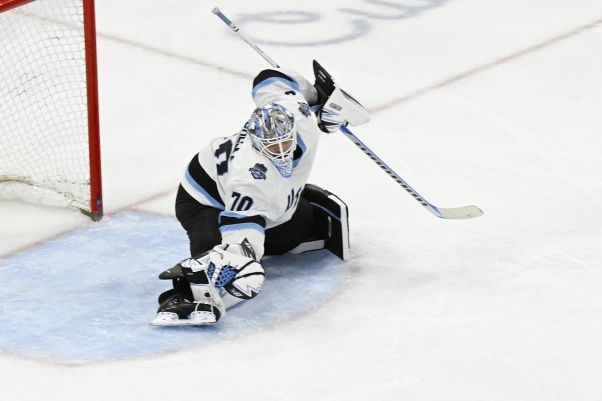 Mar 30, 2025; Chicago, Illinois, USA;  Utah Hockey Club goaltender Karel Vejmelka (70) defends against the Chicago Blackhawks during the third period at United Center. Mandatory Credit: Matt Marton-Imagn Images