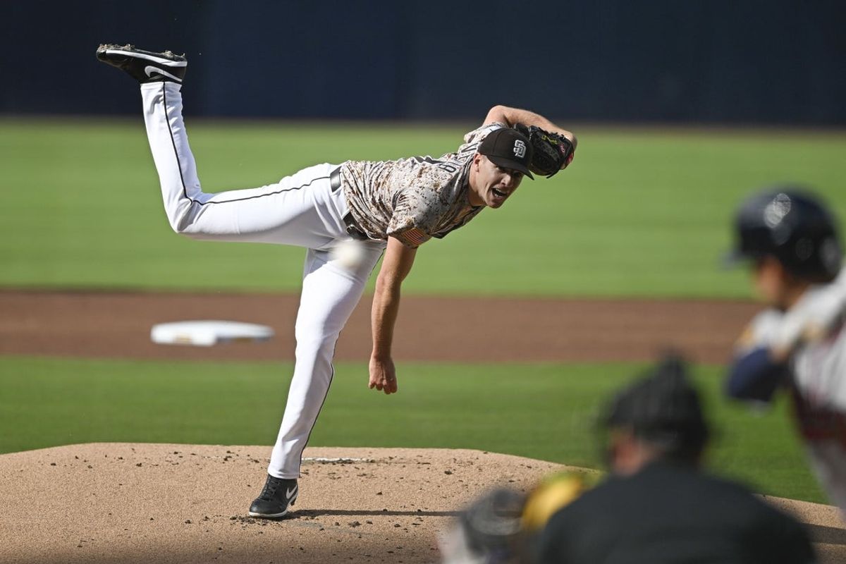 Mar 30, 2025; San Diego, California, USA; San Diego Padres starting pitcher Nick Pivetta (27) delivers against the Atlanta Braves at Petco Park. Mandatory Credit: Denis Poroy-Imagn Images