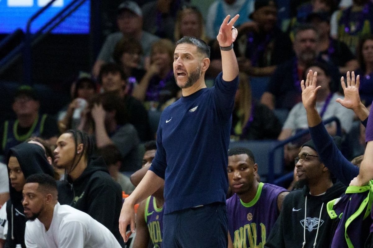 Mar 30, 2025; New Orleans, Louisiana, USA; New Orleans Pelicans associate head coach James Borrego reacts against the Charlotte Hornets during the first half at Smoothie King Center. Mandatory Credit: Matthew Hinton-Imagn Images