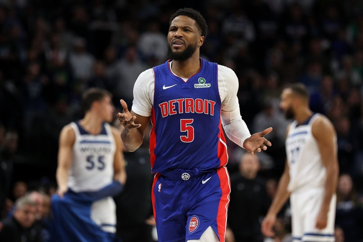 Mar 30, 2025; Minneapolis, Minnesota, USA; Detroit Pistons guard Malik Beasley (5) reacts during the second quarter against the Minnesota Timberwolves at Target Center. Mandatory Credit: Matt Krohn-Imagn Images